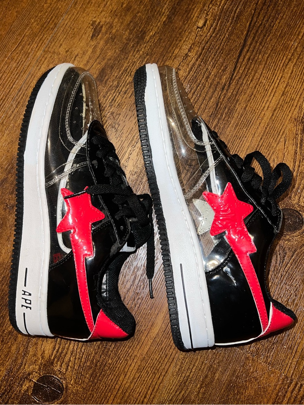 BAPE STA Low Top Y2K Black, Clear Lace Up Sneakers Red Star Accents Mens Size 8